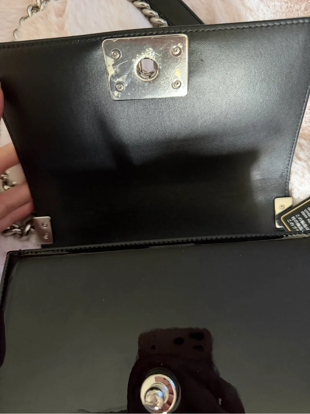 CHANEL Black & Silver Chevron Patent Glitter PVC Small Boy Bag Silver HDW